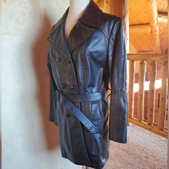 Vintage 70s Park Leather Black Leather Trench Coat - Picture 9 of 10